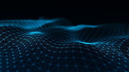 Poster - Abstract futuristic wave background. Wave of particles. Wave with connecting dots and lines. 3d rendering.