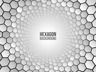 Wall Mural - Perspective grid hexagon tunnel. Abstract background with white shapes. Vector illustration.