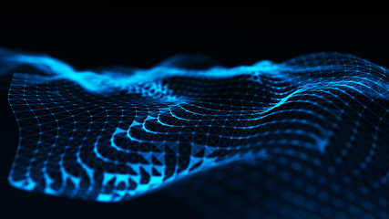 Poster - Abstract futuristic wave background. Wave of particles. Wave with connecting dots and lines. 3d rendering.