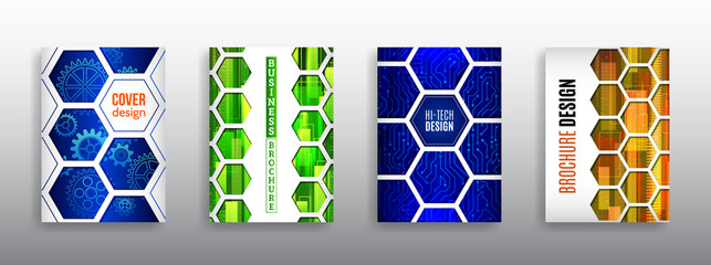 Abstract technology cover with hexagon elements. High tech brochure design concept. Futuristic business layout. Techno poster templates.