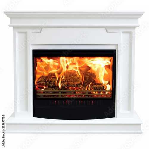 Burning Gas Fireplace Isolated On White Background Buy This