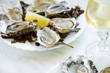 © The Picture Pantry - Raw oysters served in a french restaurant with lemon slices, wine, baguette and butter