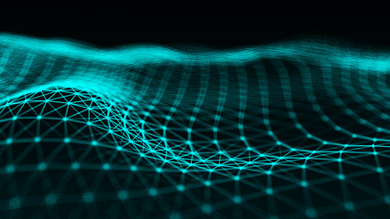 Poster - Abstract futuristic wave background. Wave of particles. Wave with connecting dots and lines. 3d rendering.