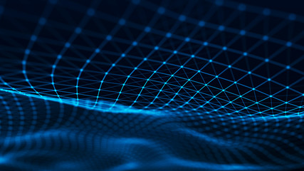 Poster - Abstract futuristic wave background. Wave of particles. Wave with connecting dots and lines. 3d rendering.
