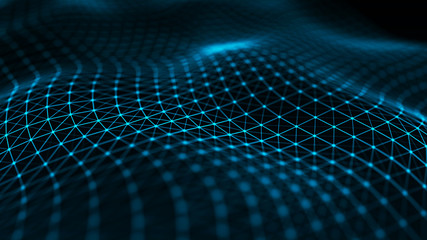 Poster - Abstract futuristic wave background. Wave of particles. Wave with connecting dots and lines. 3d rendering.