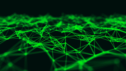 Aufkleber - Abstract interweaving of points and lines of green shade. Visualization of particles form of waves. Large data background .3d rendering.