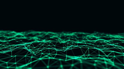 Aufkleber - Abstract interweaving of points and lines of green shade. Visualization of particles form of waves. Large data background .3d rendering.