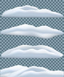 Snowbank set isolated on transparent blue background. Vector winter objects.
