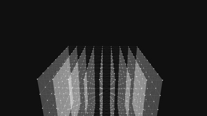 Poster - White translucent plates in space. The connection plates with lines and dots on dark background. 3d rendering.