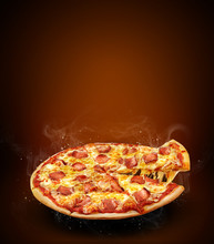 Concept Vertical Promotional Flyer And Poster For Restaurant Pizzeria Menu With Delicious Taste Pizza Pepperoni And Slice, Mozzarella Cheese And Copy Space For Your Promo Text