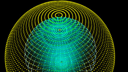 Poster - Abstract three-dimensional sphere of blue dots on dark background. Rough wave shape. Partial particles. 3D abstract noisy pulsating sphere. 3d rendering.