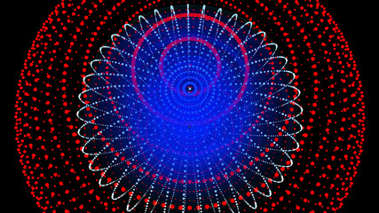 Poster - Abstract three-dimensional sphere of blue dots on dark background. Rough wave shape. Partial particles. 3D abstract noisy pulsating sphere. 3d rendering.