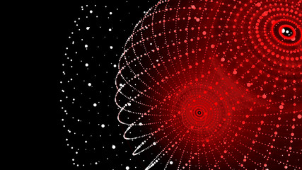 Poster - Abstract three-dimensional sphere of dots of red hue on dark background. Rough wave shape. Partial particles. 3D abstract noisy pulsating sphere. 3d rendering.