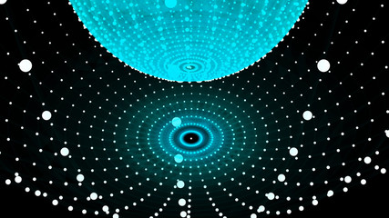 Poster - Abstract three-dimensional sphere of blue dots on dark background. Rough wave shape. Partial particles. 3D abstract noisy pulsating sphere. 3d rendering.