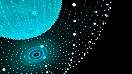 Poster - Abstract three-dimensional sphere of blue dots on dark background. Rough wave shape. Partial particles. 3D abstract noisy pulsating sphere. 3d rendering.