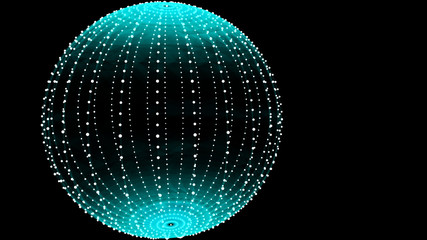 Poster - Abstract three-dimensional sphere of blue dots on dark background. Rough wave shape. Partial particles. 3D abstract noisy pulsating sphere. 3d rendering.