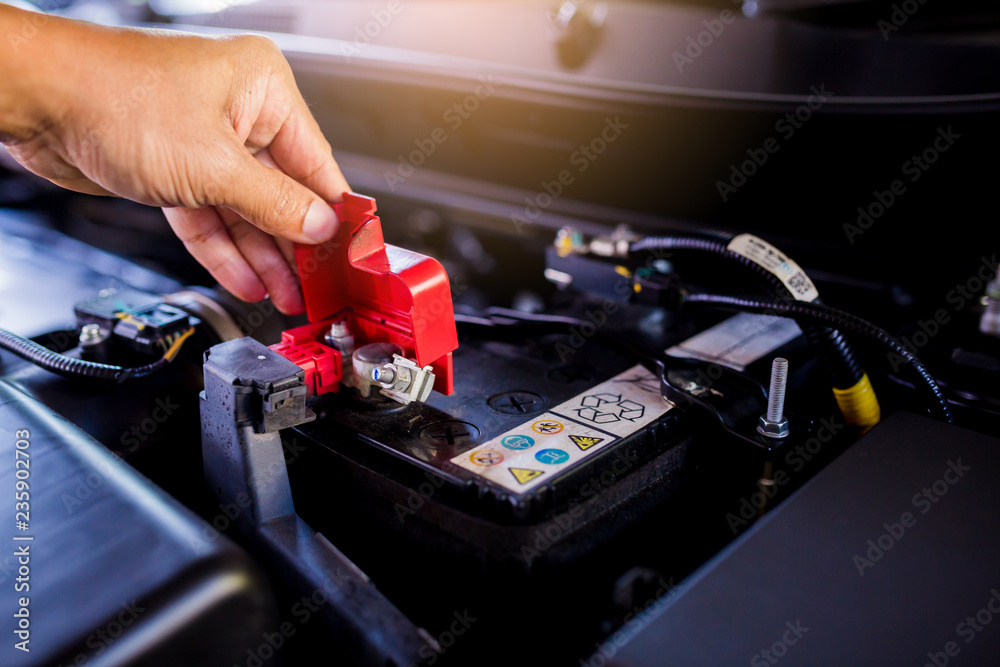 Check and maintenance the battery in car with yourself. - obrazy, fototapety, plakaty 