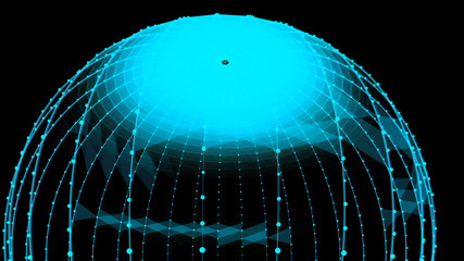 Poster - Abstract glossy sphere of blue tint on dark background. Particles. 3D abstract noisy pulsating sphere. 3d rendering.