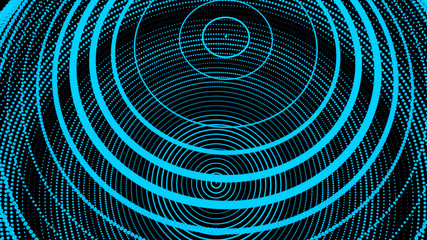 Poster - Abstract three-dimensional sphere of blue dots on dark background. Rough wave shape. Partial particles. 3D abstract noisy pulsating sphere. 3d rendering.