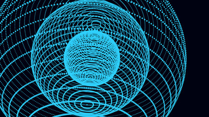 Poster - Abstract three-dimensional sphere of blue dots on dark background. Rough wave shape. Partial particles. 3D abstract noisy pulsating sphere. 3d rendering.