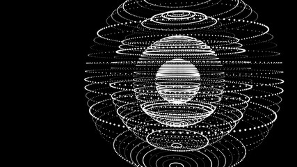 Poster - Abstract three-dimensional sphere of dots on dark background. Rough wave form. Partial particles. 3D abstract noisy pulsating sphere. 3d rendering.