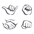 Vector hands set. Different gestures: hang loose, handshake, fist. 