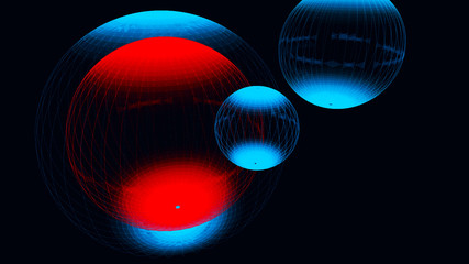 Poster - Abstract glossy sphere of red and blue tint on dark background. Particles. 3D abstract noisy pulsating sphere. 3d rendering.