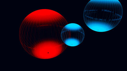 Poster - Abstract glossy sphere of red and blue tint on dark background. Particles. 3D abstract noisy pulsating sphere. 3d rendering.