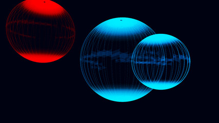 Poster - Abstract glossy sphere of red and blue tint on dark background. Particles. 3D abstract noisy pulsating sphere. 3d rendering.