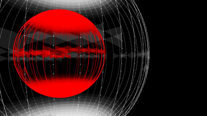 Poster - Abstract glossy sphere of red and white tint on dark background. Particles. 3D abstract noisy pulsating sphere. 3d rendering.