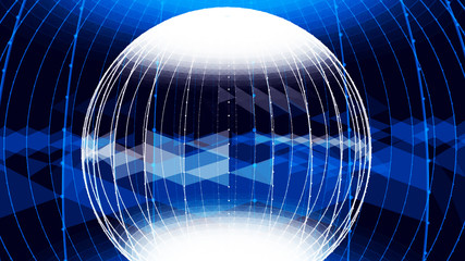 Poster - Abstract glossy sphere of blue and white tint on dark background. Particles. 3D abstract noisy pulsating sphere. 3d rendering.