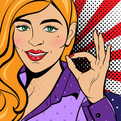 Wall Mural - Sexy pop art woman with squinted eyes and open mouth. Vector background in comic style retro pop art. Invitation to a party. Face close-up.