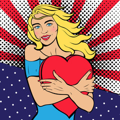 Wall Mural - Poster for Valentine's day. Sexy pop art woman with  heart. Vector background in comic style retro pop art. Invitation to a party. Face close-up.