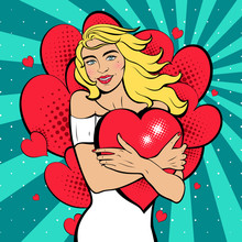 Poster For Valentine's Day. Sexy Pop Art Woman With  Heart. Vector Background In Comic Style Retro Pop Art. Invitation To A Party. Face Close-up.