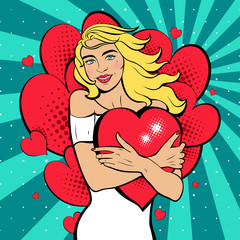 Poster for Valentine's day. Sexy pop art woman with  heart. Vector background in comic style retro pop art. Invitation to a party. Face close-up.