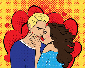 Wall Mural - Poster for Valentine's day. Sexy pop art woman with  a man. Vector background in comic style retro pop art. Invitation to a party. Face close-up.