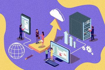Wall Mural - creative isometric retro illustration. cloud computing content for web page, banner, social media, d