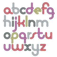 Poster - Vector lowercase funky disco alphabet letters set. Trendy font, typescript for use in logo creation. Made with triple stripy decoration.