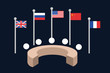 United Nations Security council - five permanent member states and countries ( Great Britain, Russia, USA, China, France) are meeting around round table to achieve peace. Vector illustration