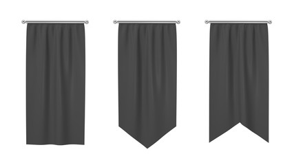 Fototapete - 3d rendering of three rectangular black flags hanging vertically on a white background.