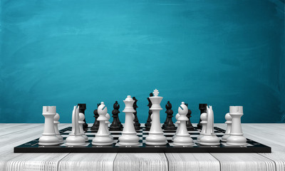 Poster - 3d rendering of a chess board with two full sets of chessmen standing in start positions on a wooden desk.