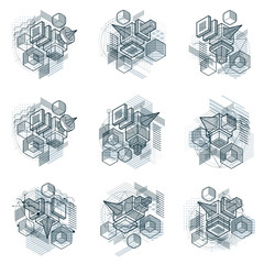 Fototapete - Abstract isometrics backgrounds, 3d vector layout. Compositions of cubes, hexagons, squares, rectangles and different abstract elements. Vector collection.