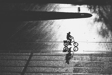 Aerial View Of Biker Silhouette - Street Scene - Contrast Black And White Nantes, FRANCE - NOVEMBER 2018