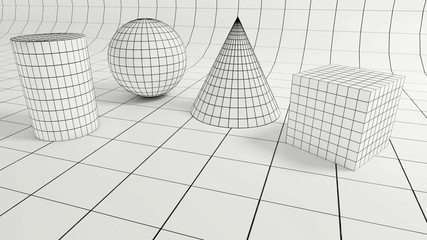 Poster - 3d render - Low polygonal geometric forms on quadratic backdrop 
