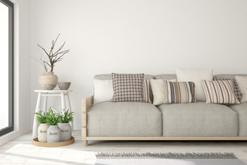 Idea of white minimalist room with sofa. Scandinavian interior design. 3D illustration