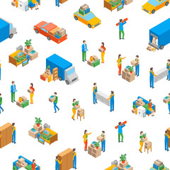 Poster - Relocation Service 3d Seamless Pattern Background Isometric View. Vector