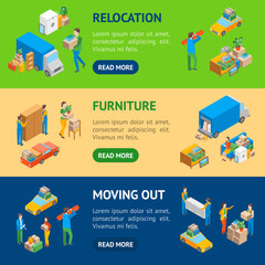 Poster - Relocation Service 3d Banner Horizontal Set Isometric View. Vector