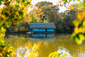 Wall Mural - Lake House Landscape Surrounded By Colorful Fall Trees In Autumn Season