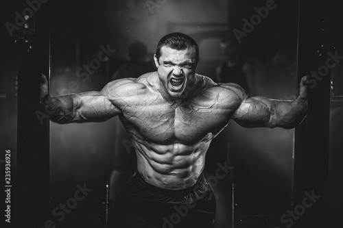 Fotografie, Obraz Brutal strong bodybuilder athletic muscular men pumping up muscles with dumbbell