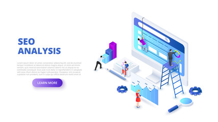Poster - Seo analyses and optimization design concept with people. Isometric vector illustration. Landing page template for web.